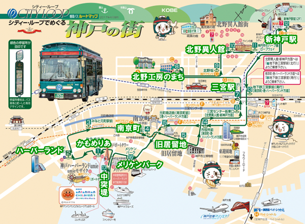 神戸観光に便利なシティーループバスの路線図