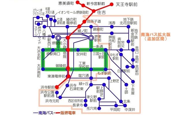 阪堺電車とバスが乗り放題「堺おもてなしチケット」の利用範囲（有効区間）