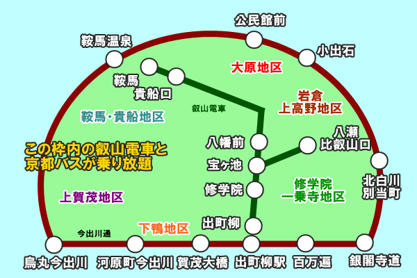 「京都洛北・森と水のきっぷ」の乗り放題範囲図