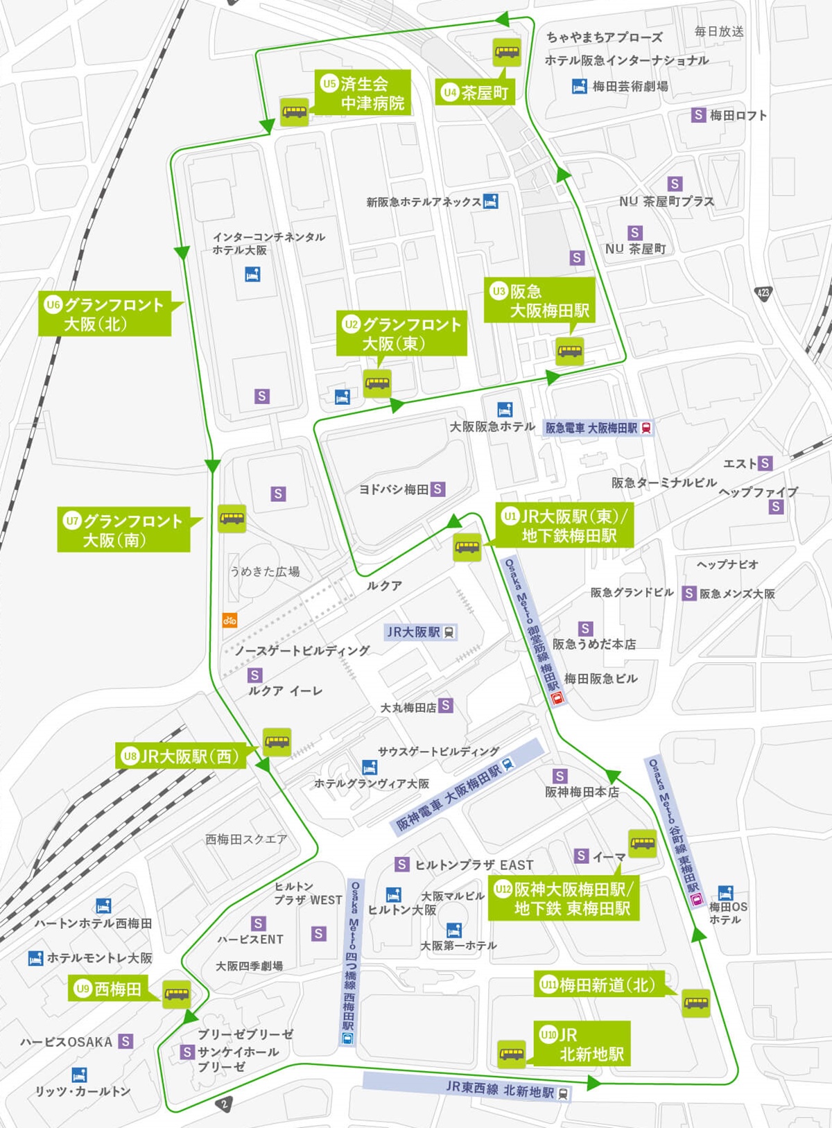 大阪・梅田巡回バス、うめぐるバスのルートと停留所