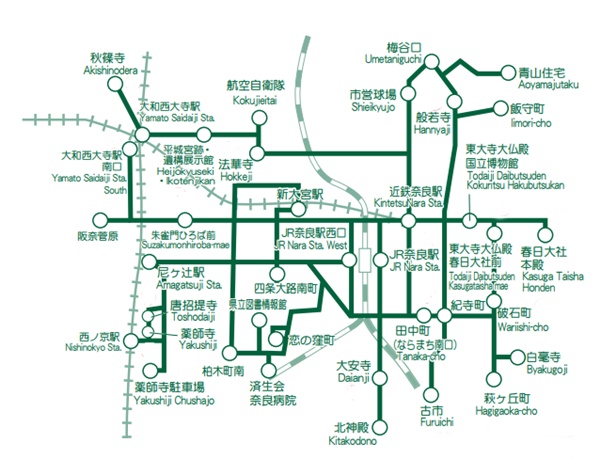 奈良市内のバス1日乗り放題「木簡型1日乗車券」の有効区間