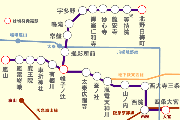 入場券付き割引1日乗車券「嵐電・映画村セット券」の乗り放題範囲。