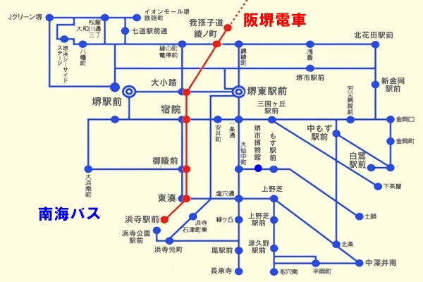 堺市内「堺・百舌鳥古墳群世界遺産きっぷ」の乗り放題範囲（阪堺電車・南海バス）