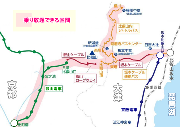 京都～延暦寺～坂本1日乗車券「比叡山フリーパス」の乗り放題範囲