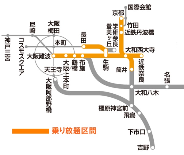 近鉄電車「大阪･奈良･京都 三都めぐりきっぷ」の乗り放題範囲
