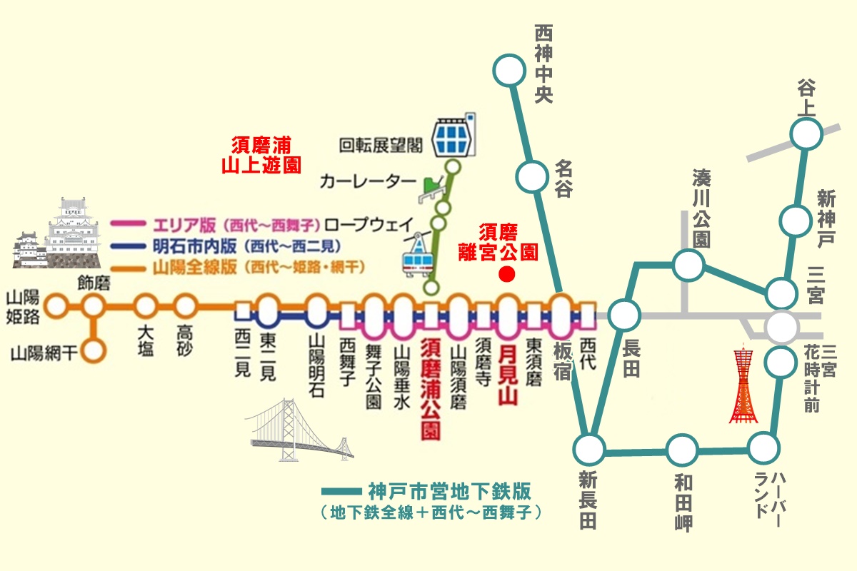 須磨離宮公園、須磨浦山上遊園ゆき「神戸西須磨パークス1dayチケット」の乗り放題範囲