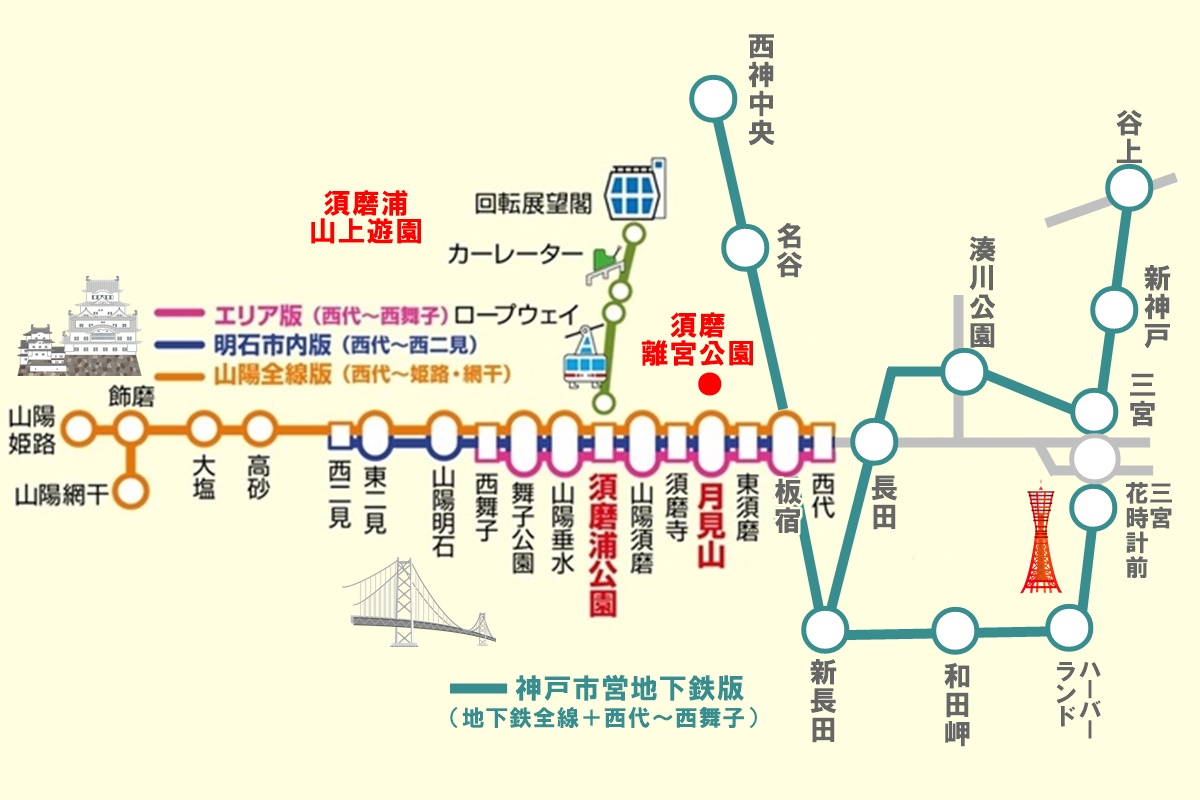 山陽電車の須磨離宮公園、須磨浦山上遊園つき割引1日乗車券「神戸西須磨パークス1dayチケット」の乗り放題範囲