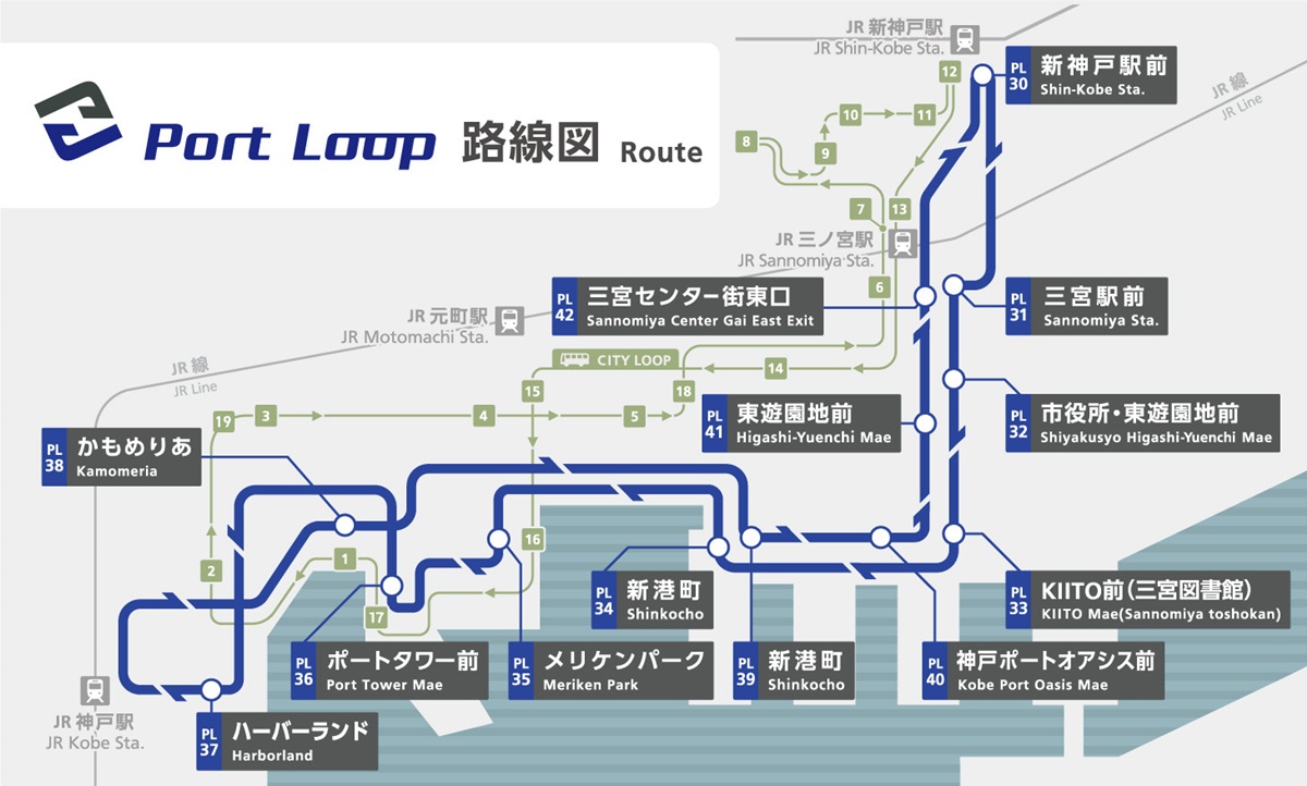 神戸ポートループバス路線図、乗り放題の範囲