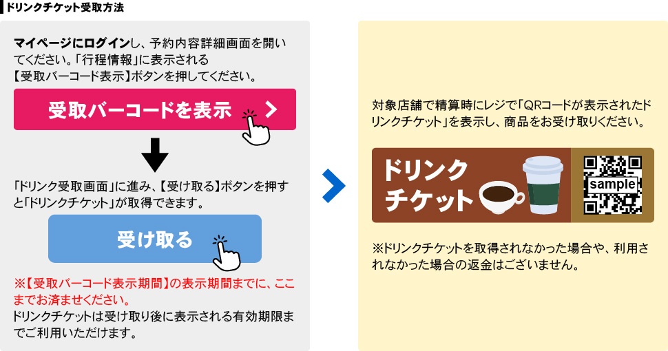 tabiwa得、ドリンクチケットの受け取り方
