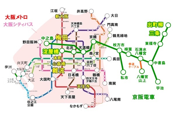 「京阪電車 大阪・京都1日乗車券」「京阪・大阪メトロ１日フリーチケット」の乗り放題範囲