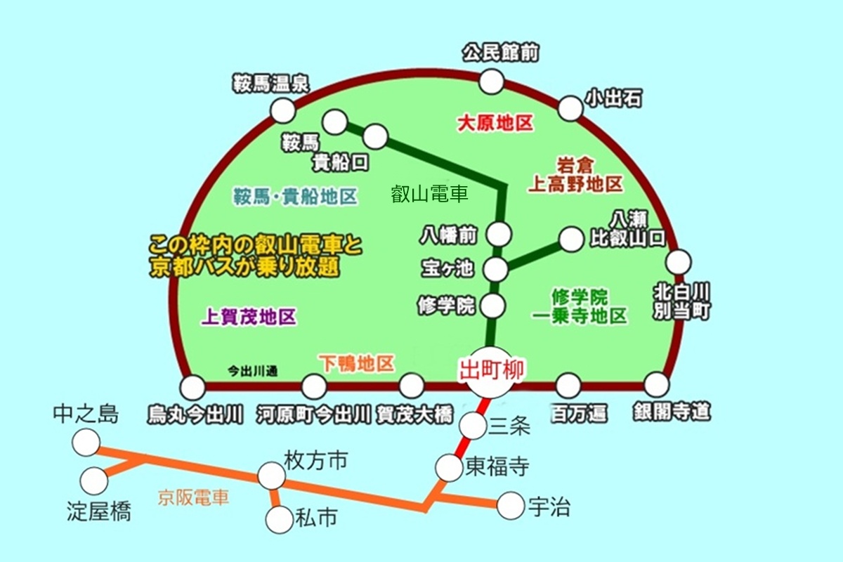 「京都洛北 大原・鞍馬・貴船まるごと1日きっぷ」の利用範囲、乗り放題範囲